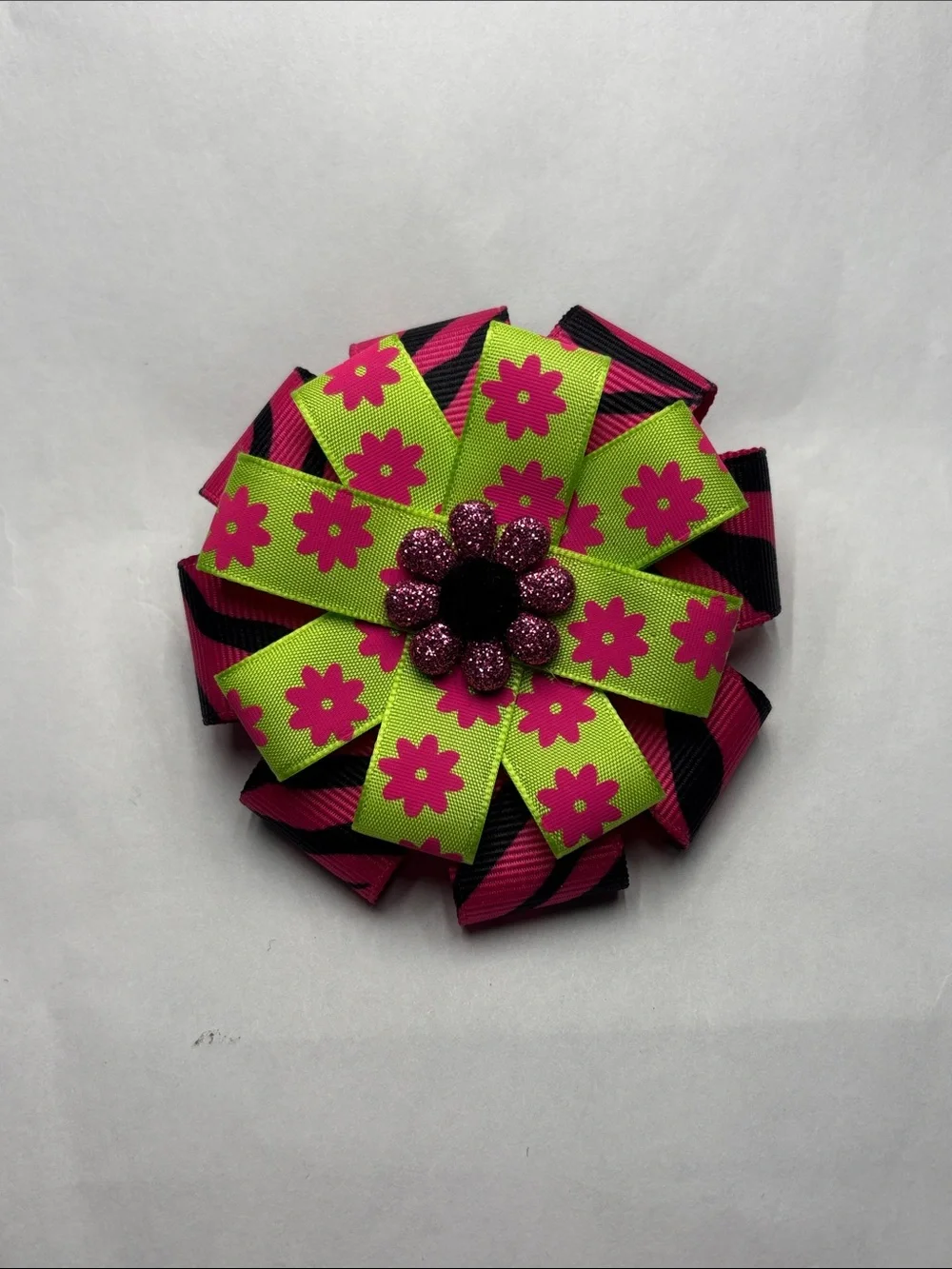 Handmade Floral Ribbon Hair Bow - Neon Green & Hot Pink